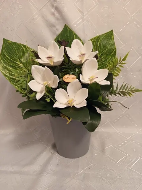 Cserepes emlékvirág – sírdísz fehér orchideával