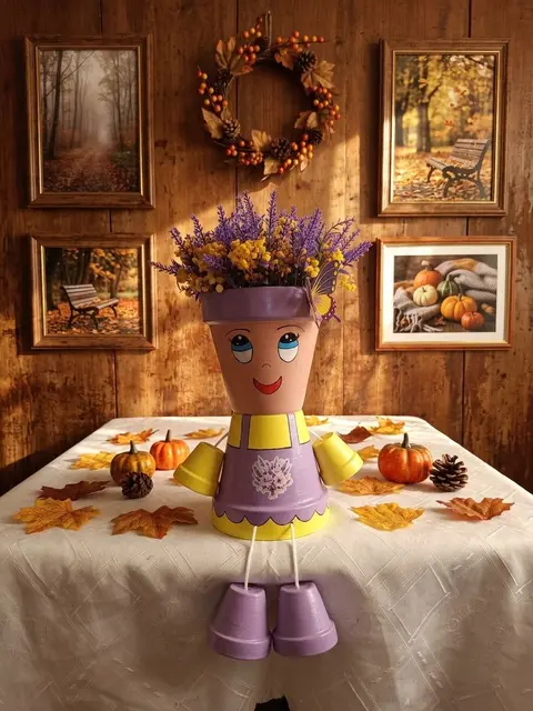 Levendulás cserép figura 25 cm+ a lógó lábak